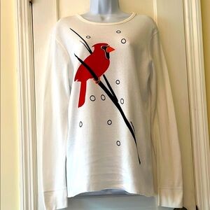 Marushka Hand Printed Cardinal Long Sleeve Tee Medium Relaxed Garden Birding